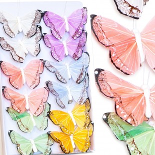 Fluturi decorativi din pene pastel cu clips (12 buc)